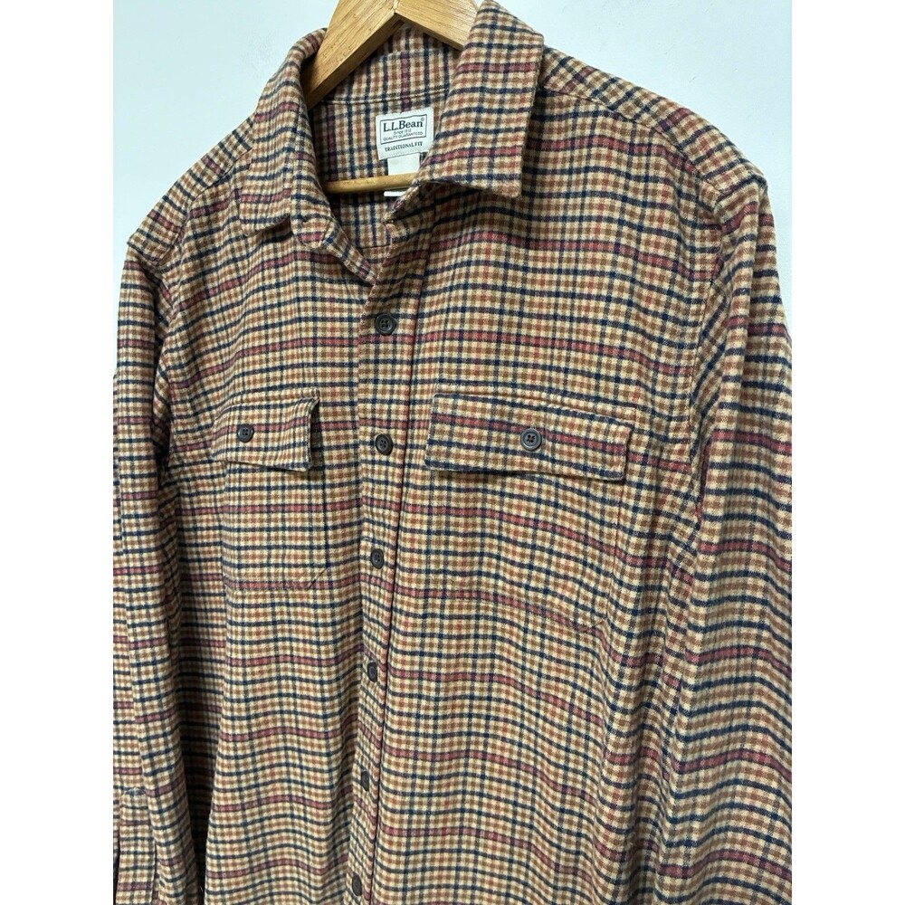 LL Bean Traditional Fit Flannel Menโs Large Tall Brown Plaid Heavy #277982